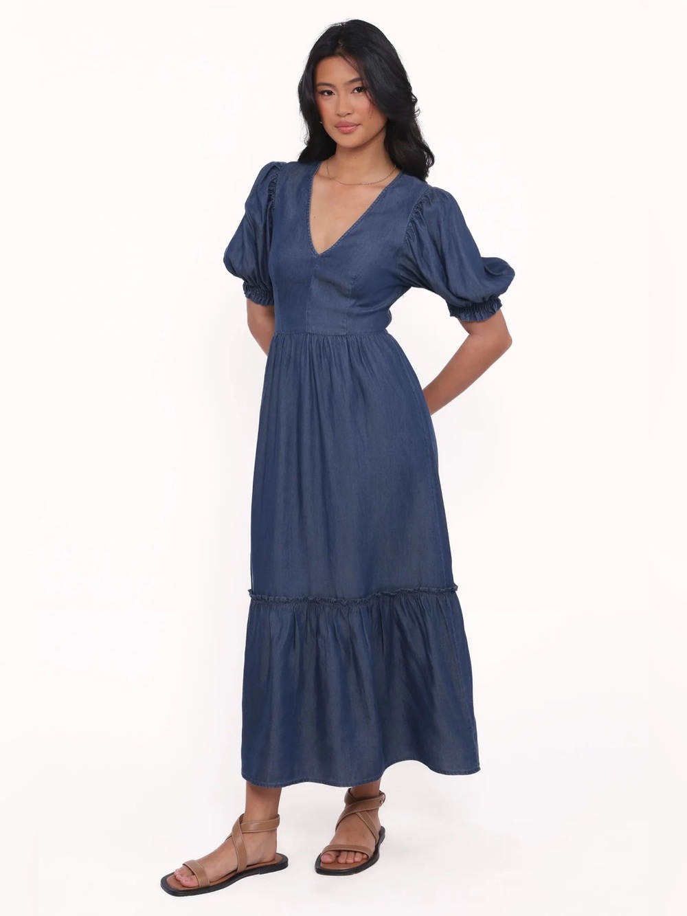 Petal & Pup Steele Puff Sleeve Midi Dress in Dark Denim Size XL - Picture 2 of 10